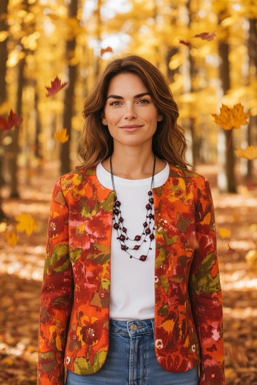 Vintage Chico's Women's 2 Red Orange Green Abstract Watercolor AOP Floral Jacket